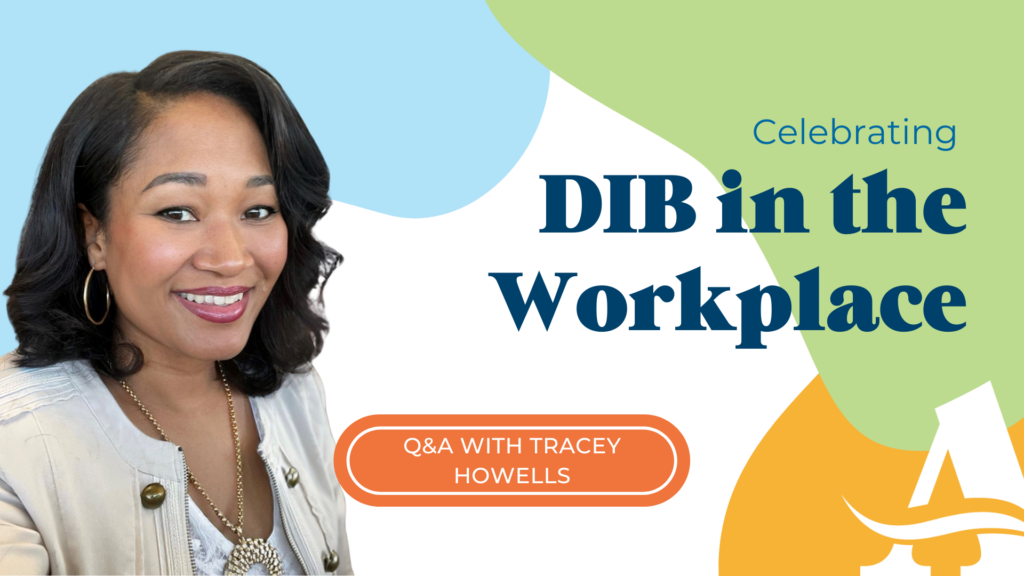 Headshot of Tracey Howells on a graphic celebrating DIB in the Workplace